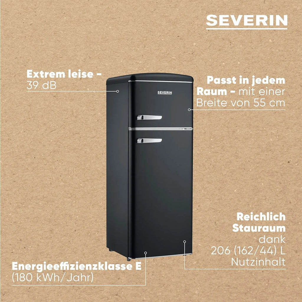 SEVERIN Retro 2026 – Combinación de frigorífico y congelador, una maravilla que ahorra espacio, 4 estantes regulables en altura y un amplio cajón para verduras, capacidad neta de 206 L, color crema, RKG 8933