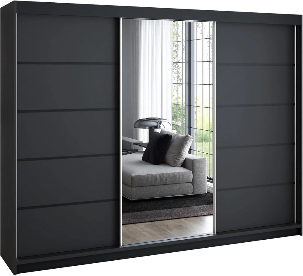 Armario A&J MöbelLand VILUNO 2 de 2026 con puertas correderas, 3 puertas, 200 cm, con espejo, 4 cajones y 2 barras para colgar ropa, amplio armario para dormitorio (negro).