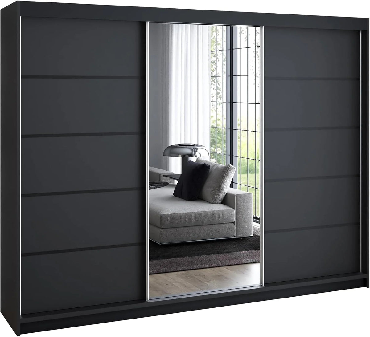 Armario A&J MöbelLand VILUNO 2 de 2026 con puertas correderas, 3 puertas, 200 cm, con espejo, 4 cajones y 2 barras para colgar ropa, amplio armario para dormitorio (negro).
