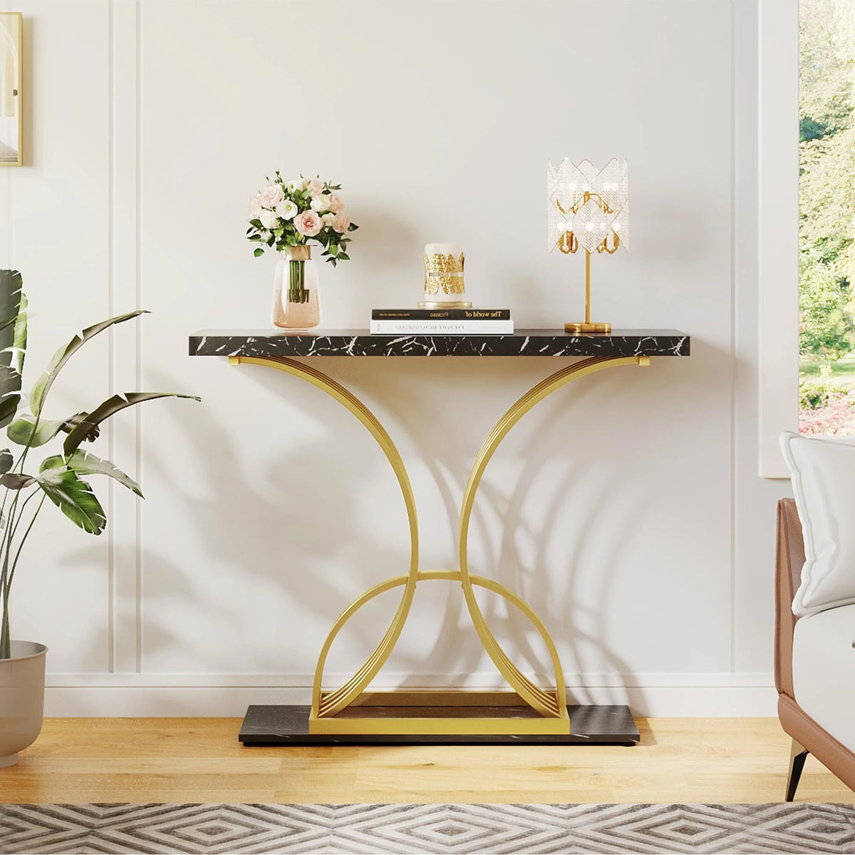 2026 Modern Gold Console Table with Marbled Top, Sofa Table for Entryway and Hallway