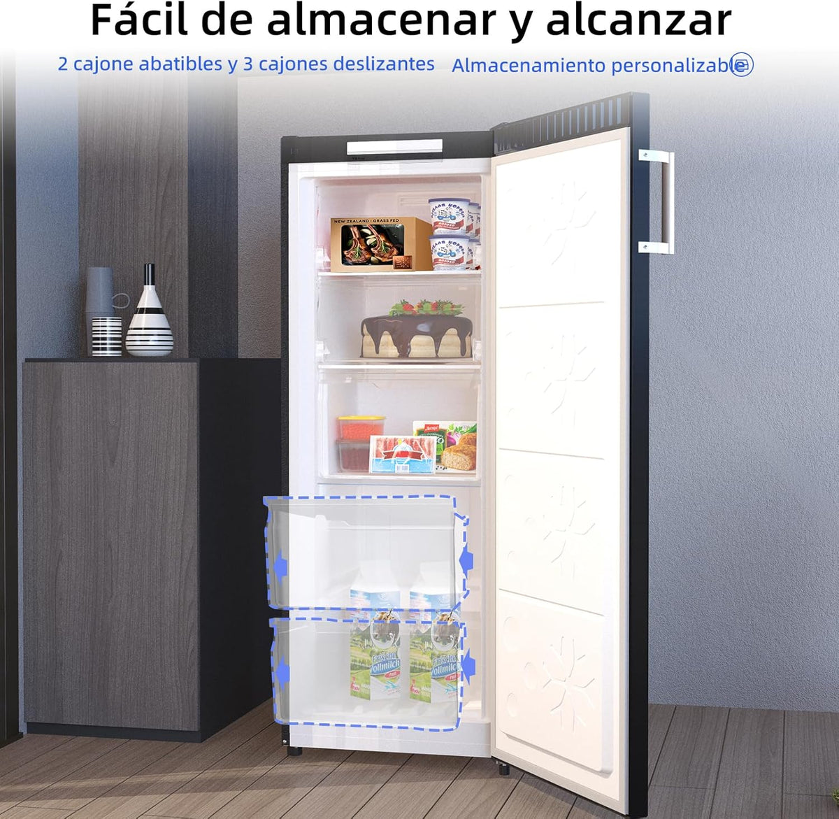 2026 CHiQ Congelador Vertical No frost 166L,FSD166NE4E, Cajones XL, Control de Temperatura Electrónico, Puertas Reversibles, Silencioso, Ice Box, Color Inox Negro, Clase Energética E
