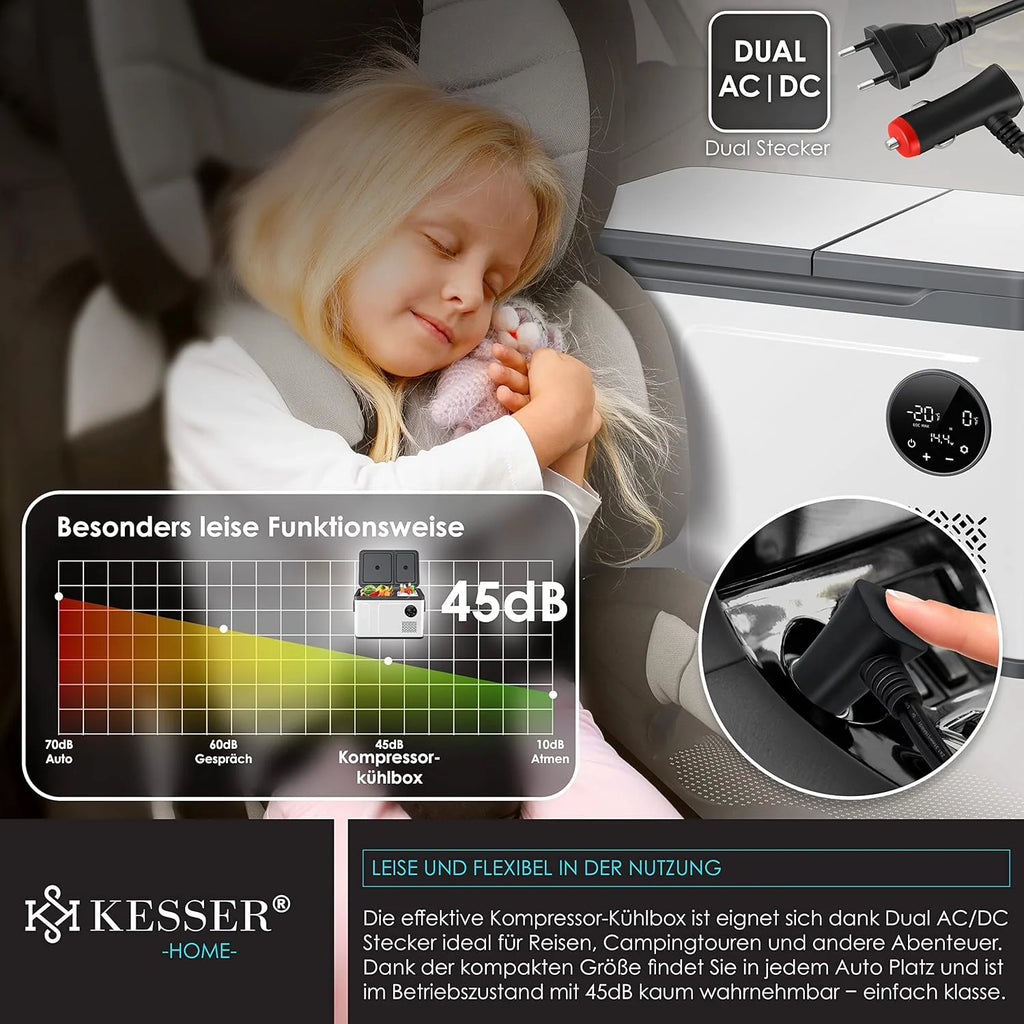 Nevera portátil KESSER 2026 con compresor, 2 en 1, doble zona de refrigeración y congelación, con congelador eléctrico, 2 acumuladores de frío y control táctil LED | Refrigerador con capacidad de enfriamiento hasta – 20 °C para camping, coche y