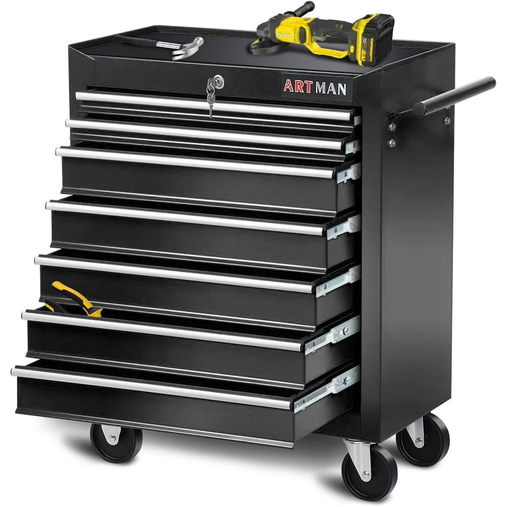 2026 POVANLI  7-Drawer Rolling Tool Chest with Wheels Multifunctional Tool Chest Portable Tool Storage Cabinet with Locking System for Garage Workshop Warehouse Repair Shop