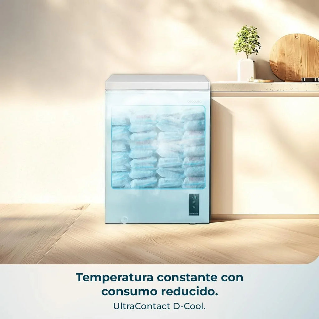 Congelador horizontal Cecotec Bolero CoolMarket 143L blanco, modelo 2026. Cesta con asas, control electrónico LED, UltraContact D – Cool, doble función, puerta ZeroG (80º – 30º), congelación rápida, compacto.