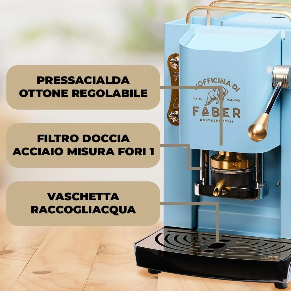 Cafetera Faber PRO Total Deluxe 2026, fabricada en latón, con papel ESE de 44 mm y capacidad de 1,3 litros (blanca).