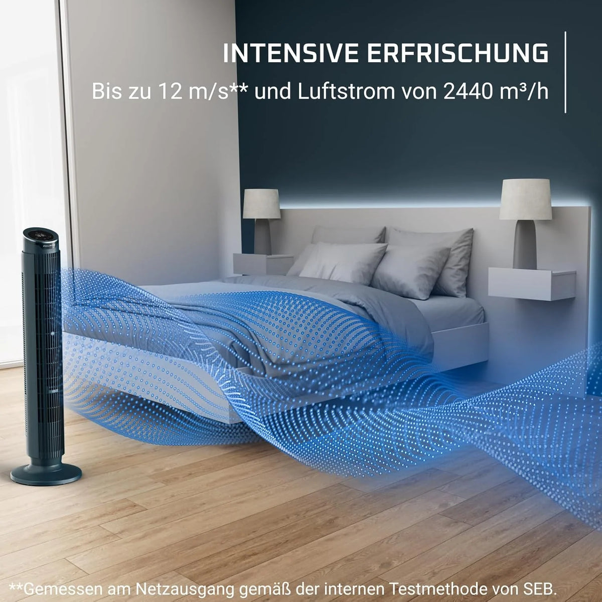 Ventilador de torre Rowenta Eole Silence Force 2026, potente, modo silencioso, 12 velocidades, 5 modos automáticos, temporizador, oscilación de 60 – 90°, control remoto, cubierta antipolvo, azul, VU7050F0