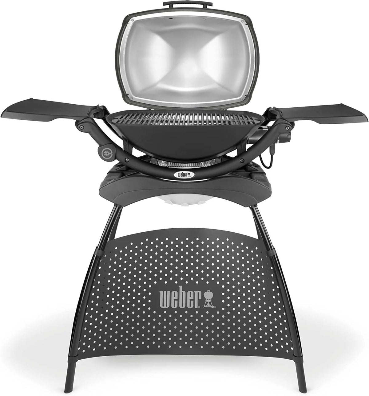 Parrilla eléctrica Weber Q2400 de 2026 con soporte y mesas laterales, superficie de cocción de 54 x 39 cm, portátil, rejilla de cocción de hierro fundido esmaltado en porcelana de 2 piezas, tapa y carcasa de aluminio fundido – Gris oscuro (55020879)