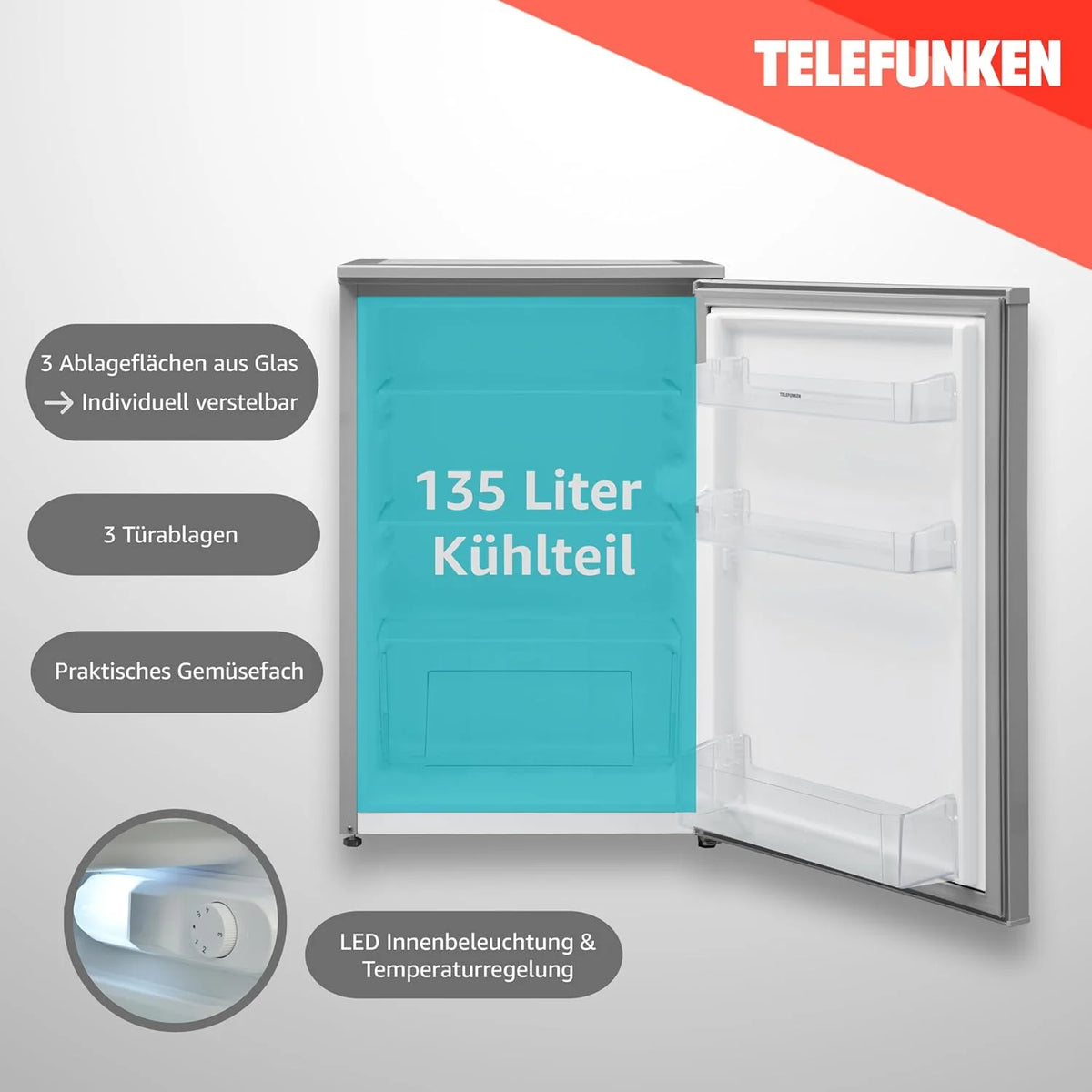 Refrigerador independiente TELEFUNKEN 2026 sin congelador | Capacidad de 135 litros | Refrigerador pequeño con cajón para verduras | Refrigerador de tamaño completo | Bisagra de puerta reversible | C – 135 – 100 – S Plata