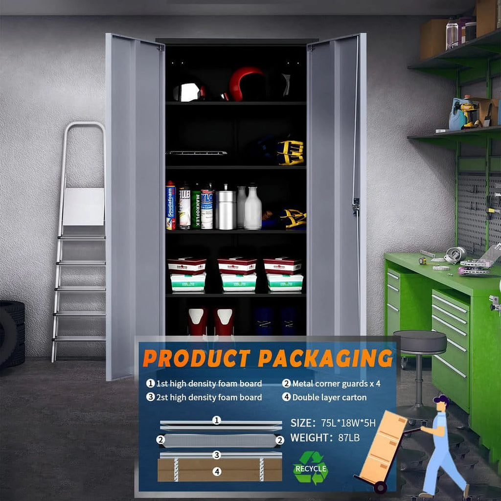 2026 STANI Metal Storage Cabinet with Locking Doors, Garage Lockable Steel Cabinets with 4 Doors and 5 Shelves for Home, Garage, Pantry Workshop Warehouse