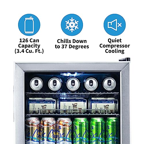 2026 Beverage Refrigerator Cooler | 126 Cans Free Standing with Right Hinge Glass Door
