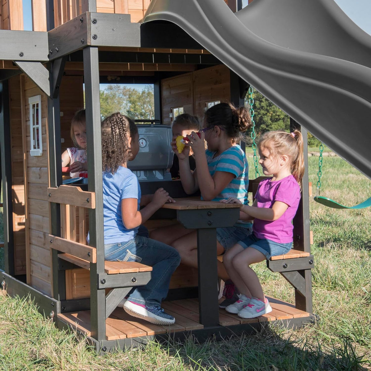 2026 Canyon Creek Cedar Wood Swing Set with Wave Slide, Clubhouse, Play Kitchen, Picnic Area, Belt Swings, Web Swing, Rock Wall, Balconies,…