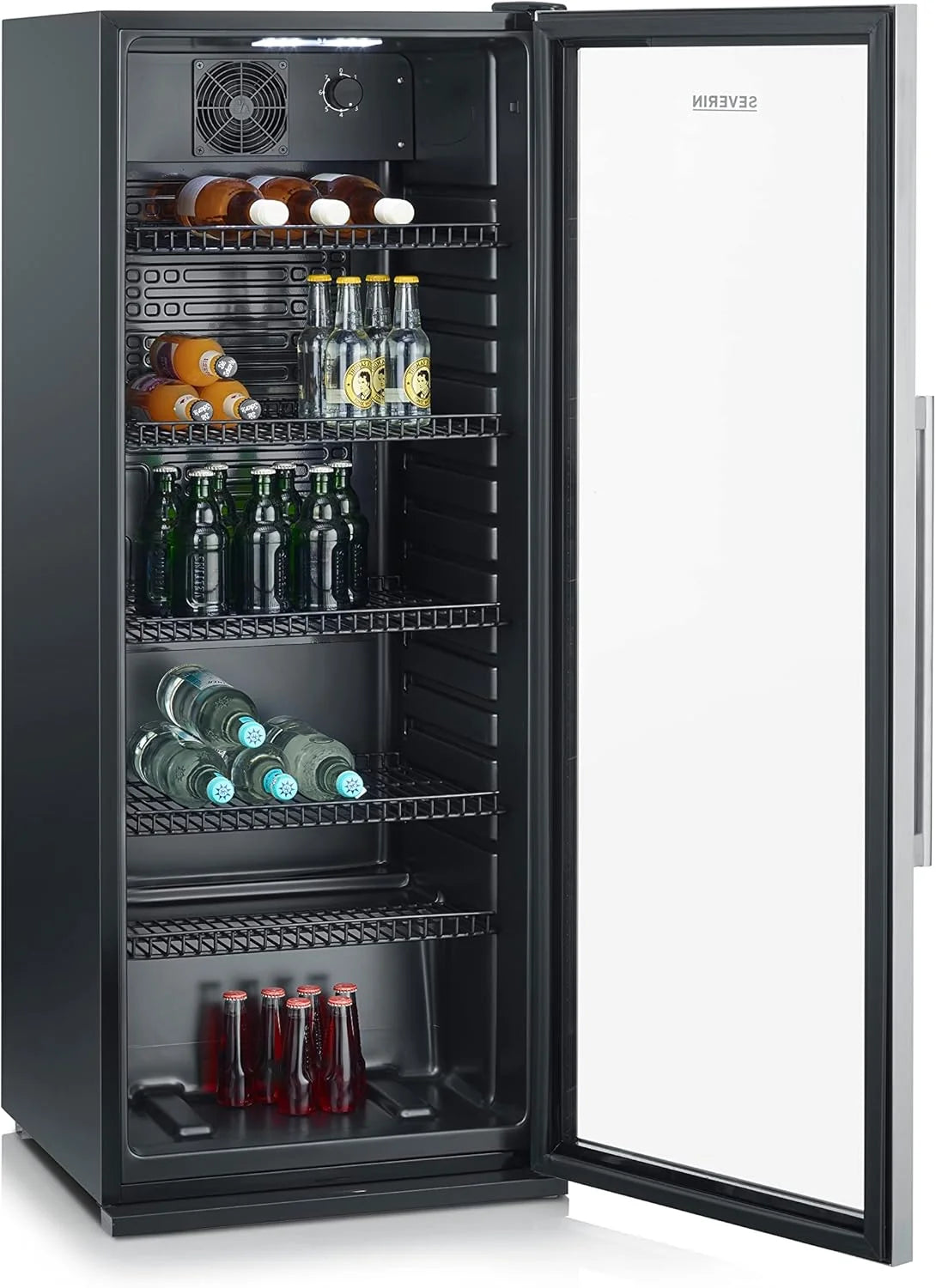 Nevera para botellas SEVERIN 2026, con cerradura integrada e iluminación LED integrada, capacidad neta de 118 L, color negro/plata, FSK 8840
