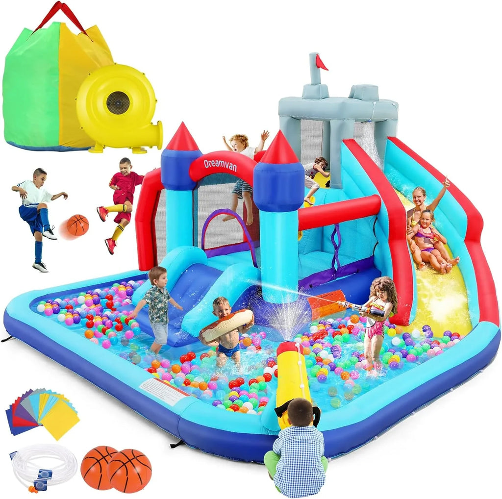 2026 Inflatable Water Slides for Kids 8-in-1 Bounce House Water Park with 450W Blower Climbing Wall, Splash Pool, 2 Water Cannons, Basketball Hoop, Water Slide, Crocodile Sprinkler for Gift Backyard Party