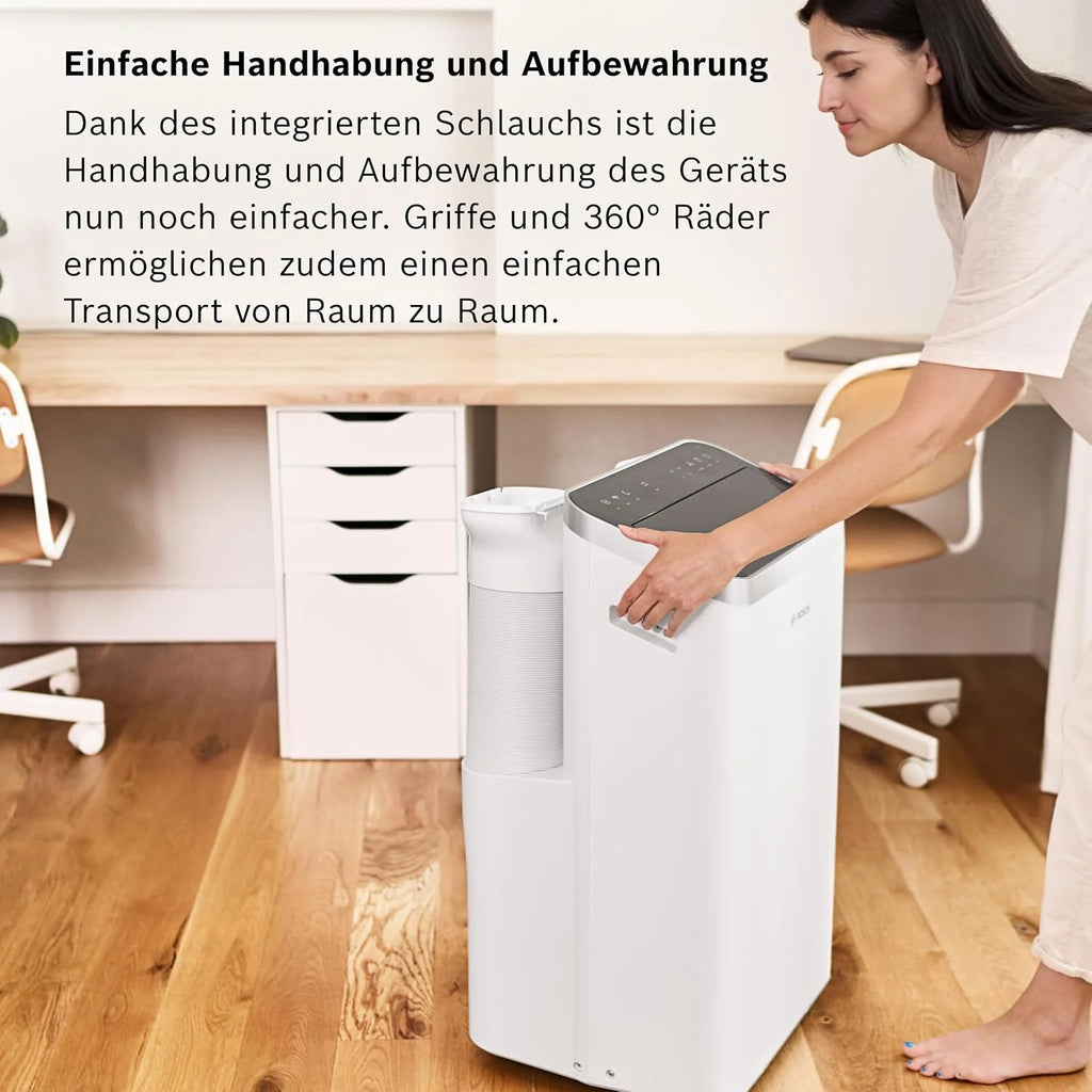 Aire acondicionado portátil Bosch Cool 4000 (modelo 2026) – 3 en 1: Aire acondicionado, deshumidificador y ventilador – 2,6 kW para habitaciones de hasta 35 m² – Con modo automático, modo silencioso y modo reposo.