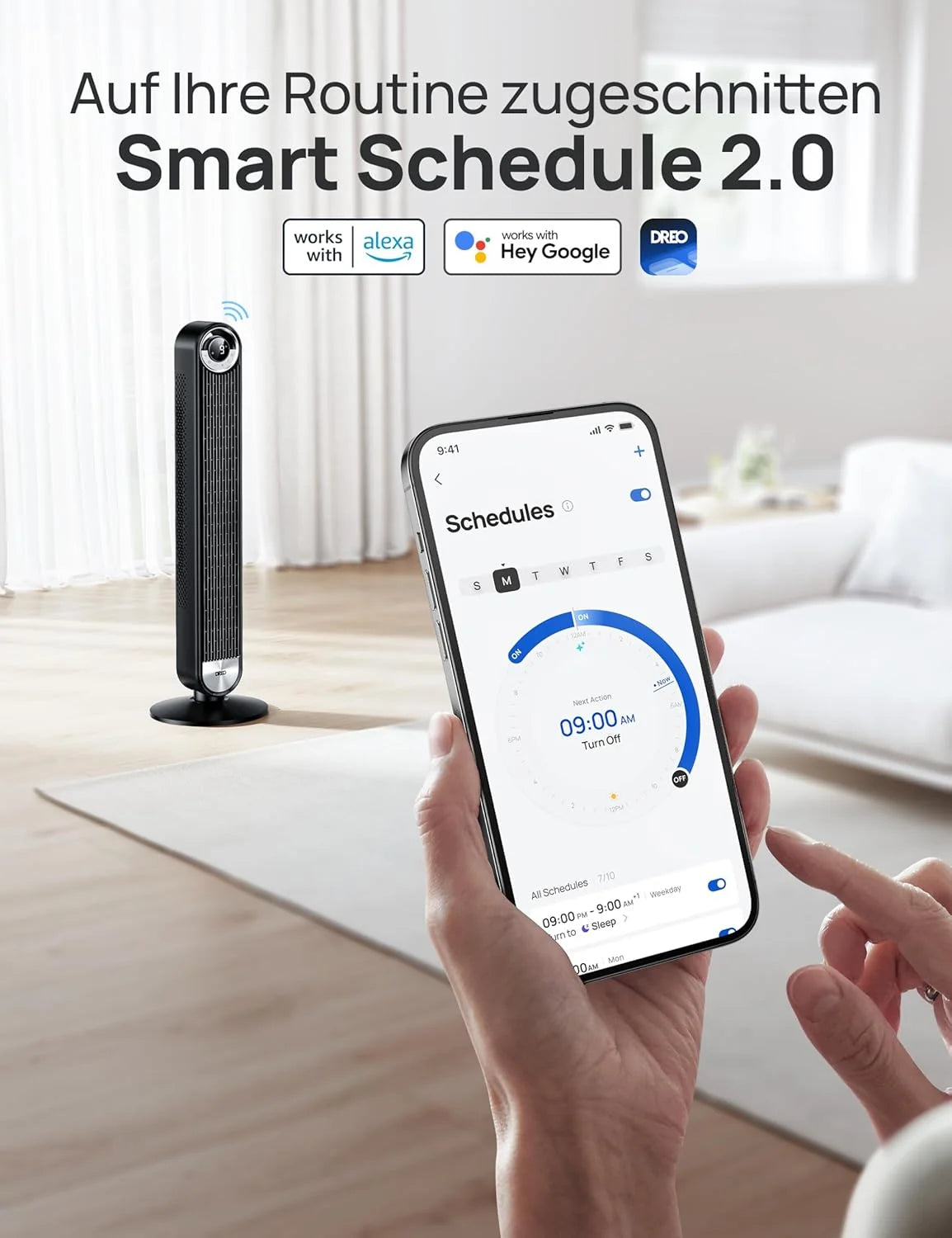 Ventilador de torre inteligente silencioso DREO 2026 de 25 dB, 106 cm de altura, 4 modos, 9 velocidades, máx. 7,9 m/s, temporizador de 12 h, oscilación de 90° con mando a distancia, control por voz, refrigeración, Cruiser Pro T2S, negro.