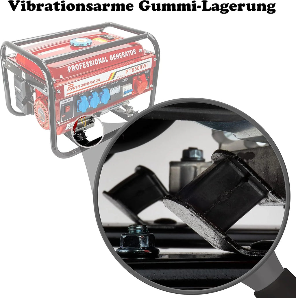 Generador de gasolina 2026 | Generador eléctrico con accesorios | Generador de emergencia silencioso | 5 tomas de corriente: 3 x 230 V / 1 x 400 V / 1 x 12 V | 6,5 CV (Generador con arranque por cuerda)