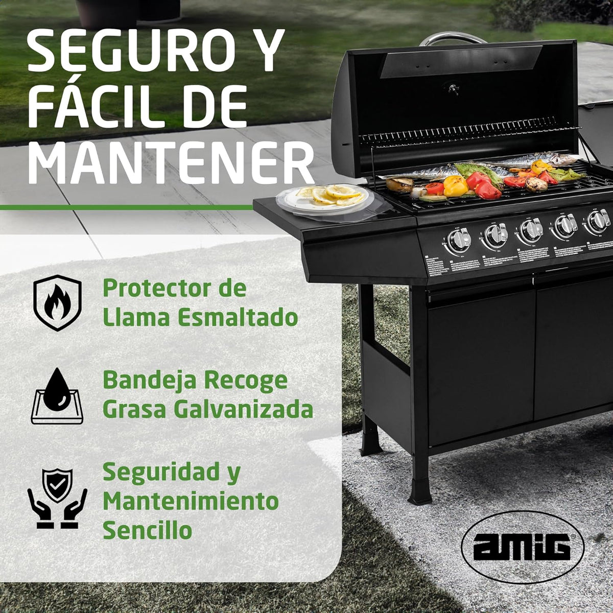 2026 Amig – Barbacoa de gas Fireplus 6+1 de 12,9 kW – Acero inoxidable Negro – Parrilla con ruedas Modelo GRILL – 6F – Barbacoa XXL con carro y termómetro – 138x52x103 cm – 7 quemadores y Bandeja lateral