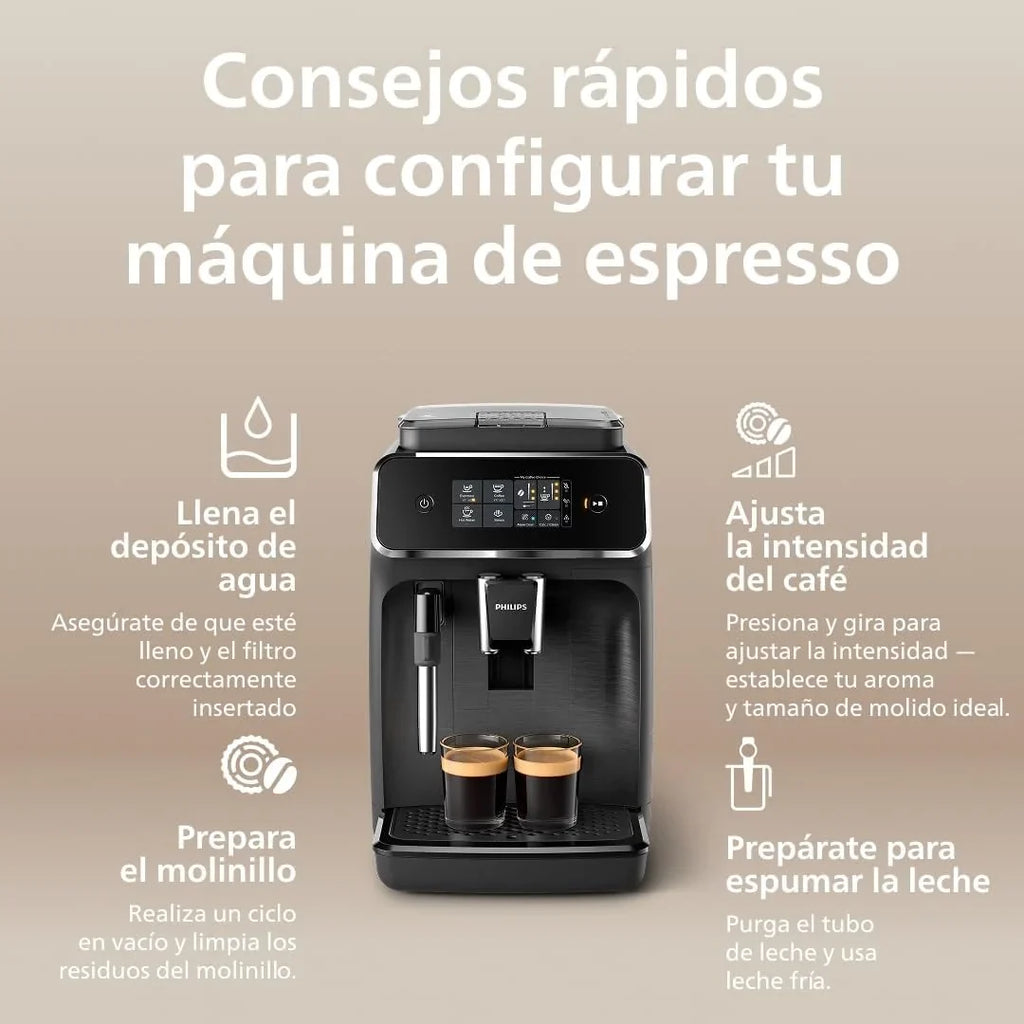 2026 Serie 2200 Cafetera Espresso Automática – 2 Cafés, Pantalla Táctil, Espumador de Leche Clásico, Molinillo Cerámico, Negro Mate (EP2220/10)