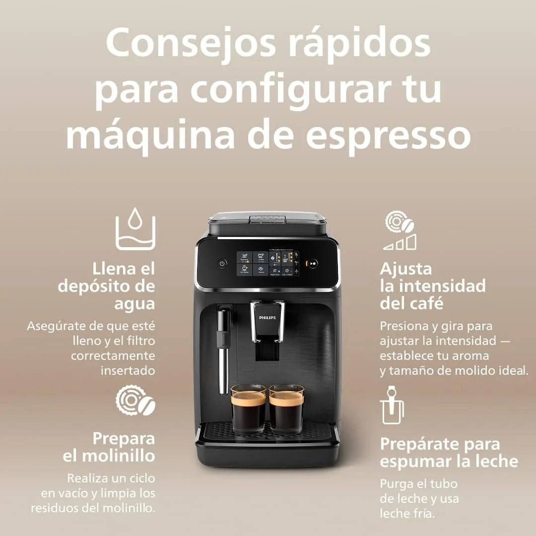 2026 Serie 2200 Cafetera Espresso Automática – 2 Cafés, Pantalla Táctil, Espumador de Leche Clásico, Molinillo Cerámico, Negro Mate (EP2220/10)