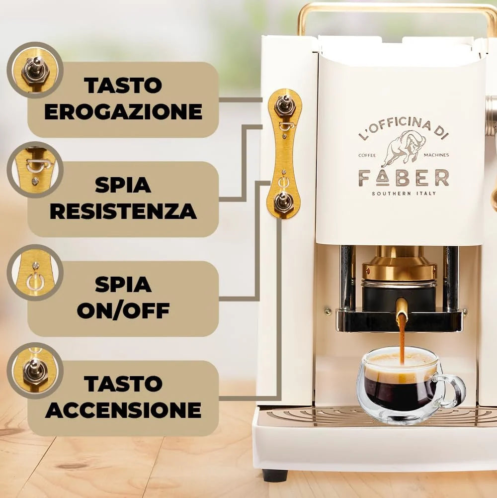 Cafetera Faber PRO Total Deluxe 2026, fabricada en latón, con papel ESE de 44 mm y capacidad de 1,3 litros (blanca).
