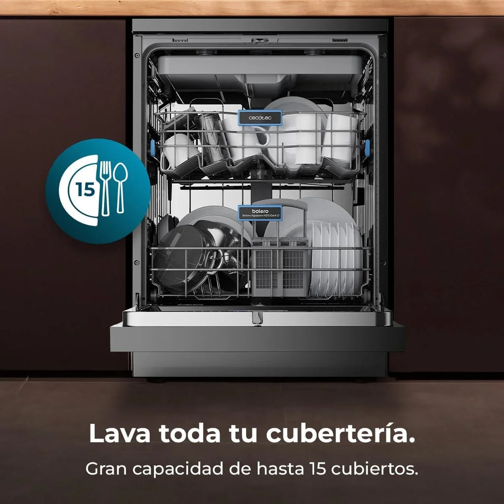 2026 Cecotec Lavavajillas 60 cm Libre Instalación Bolero Aguazero 6210 Dark D. 15 Cubiertos, Bajo Consumo, Pantalla Fullcolor XXL, Tercera Bandeja, 8 Programas, Dual Zone Wash, Bandeja Ajustable, Dark
