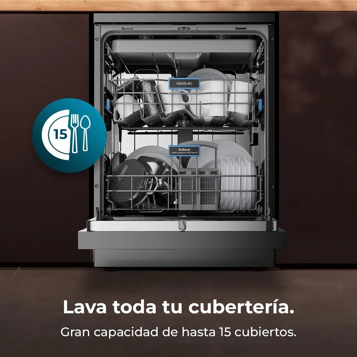 2026 Cecotec Lavavajillas 60 cm Libre Instalación Bolero Aguazero 6210 Dark D. 15 Cubiertos, Bajo Consumo, Pantalla Fullcolor XXL, Tercera Bandeja, 8 Programas, Dual Zone Wash, Bandeja Ajustable, Dark