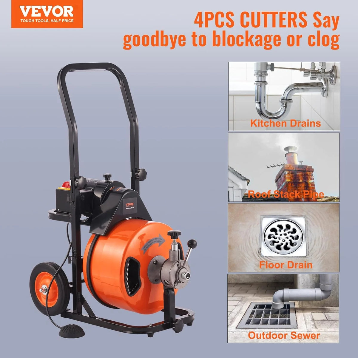 2026 Drain Cleaner Machine 100FT x 1/2Inch, Auto Feed Sewer Snake Auger with 4 Cutter & Air-activated Foot Switch for 1" to 4" Pipes, Orange, Black