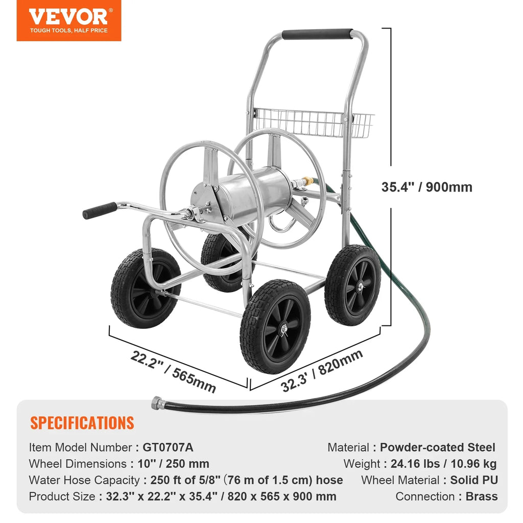 2026 VEVOR Hose Reel Cart, Hold Up to 250 ft of 5/8���� Hose, Garden Water Hose Carts Mobile Tools with 4 Wheels, Heavy Duty Powder-coated Steel Outdoor Planting with Storage Basket, for Garden, Yard, Lawn