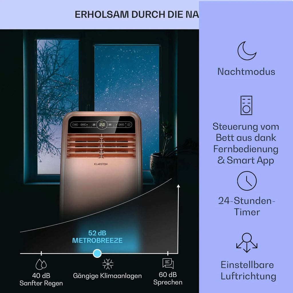 Aire acondicionado móvil Klarstein 2026 con manguera de escape, aire acondicionado 4 en 1 con ventilador, deshumidificador y modo nocturno, aire acondicionado pequeño y portátil para el hogar y la oficina, control por aplicación, 12000 BTU.