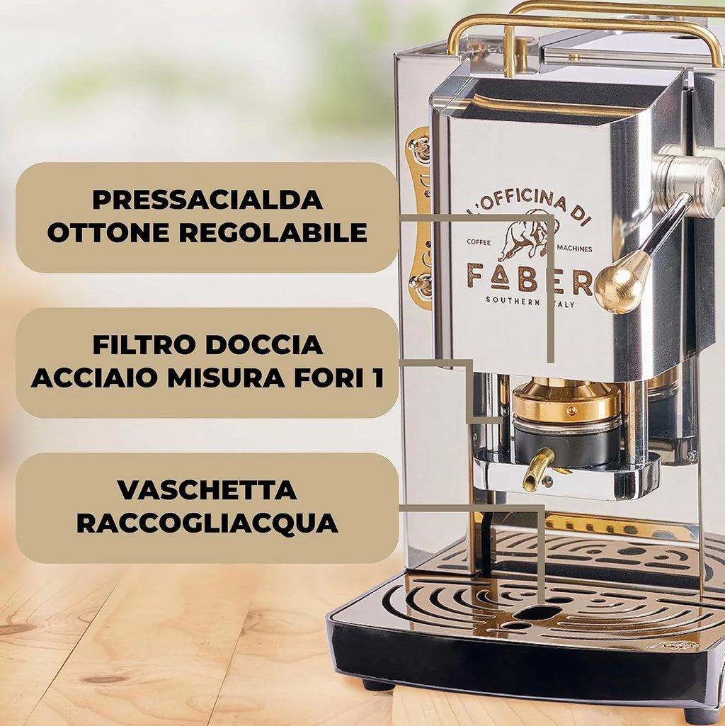 Cafetera Faber PRO Total Deluxe 2026, fabricada en latón, con papel ESE de 44 mm y capacidad de 1,3 litros (blanca).