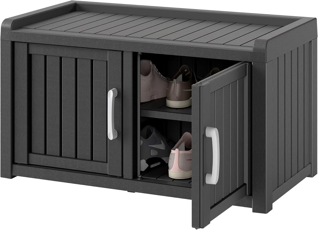 2026 KAMABOKO Outdoor Shoe Storage Cabinet, Waterproof UV-Resistant Entryway Storage Bench Indoor Outdoor with 2 Barn Doors, Adjustable Shelves for Entryway, Bedroom, Hallway,Living Room(Black)