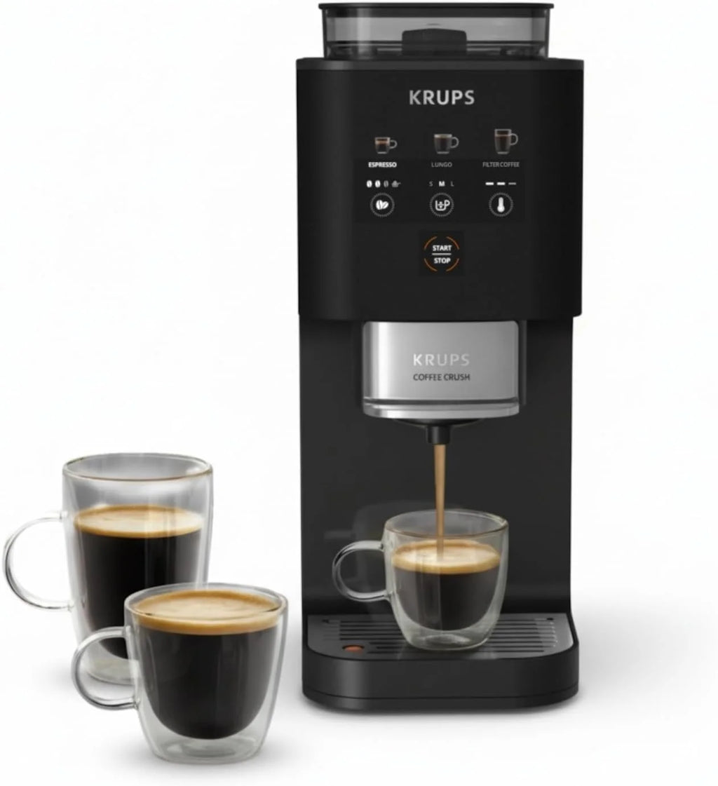Cafetera automática Krups Coffee Crush Extra 2026, molinillo de acero inoxidable para café recién molido, solo 15 cm de ancho, panel de control inteligente, también para café premolido, fácil limpieza, color negro, SA4028E0