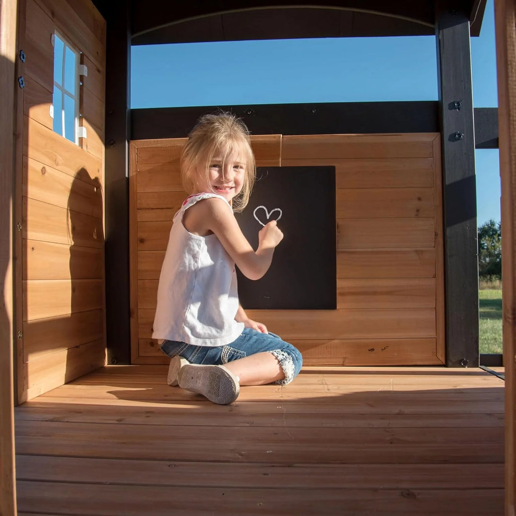 2026 Canyon Creek Cedar Wood Swing Set with Wave Slide, Clubhouse, Play Kitchen, Picnic Area, Belt Swings, Web Swing, Rock Wall, Balconies, Playhouse, Step Ladder, Outdoor Playset