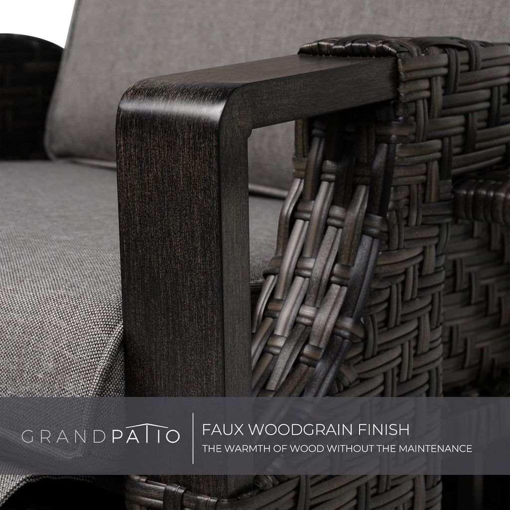 Tumbona de ratán Grand Patio 2026 con cojín de asiento, sillón, respaldo ajustable, para uso interior y exterior, gris oscuro – Cojín de asiento gris oscuro y ratán marrón.
