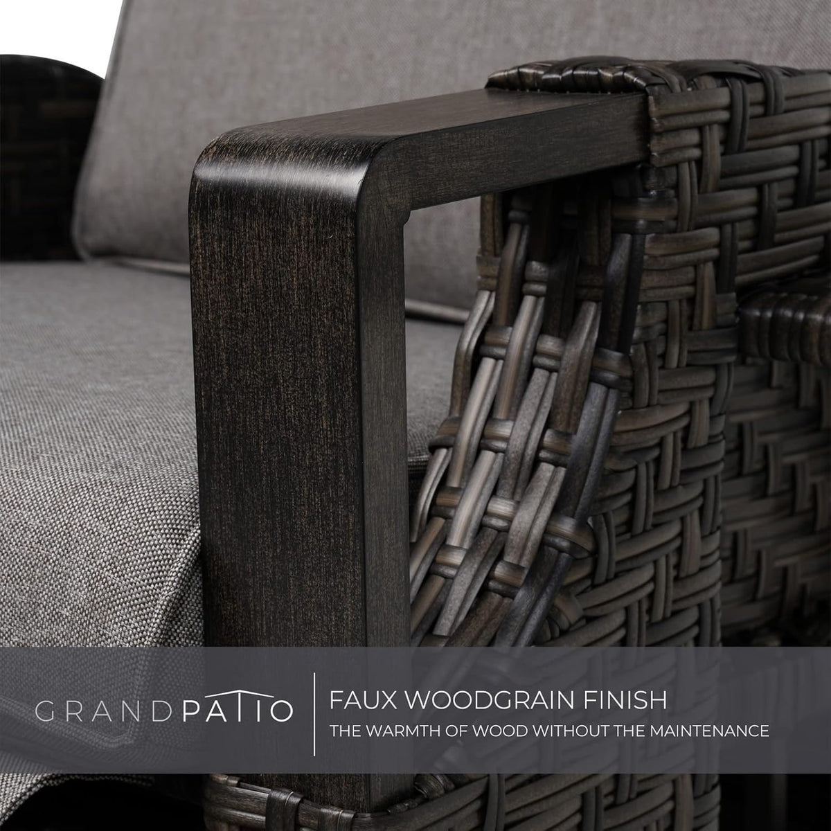 Tumbona de ratán Grand Patio 2026 con cojín de asiento, sillón, respaldo ajustable, para uso interior y exterior, gris oscuro – Cojín de asiento gris oscuro y ratán marrón.