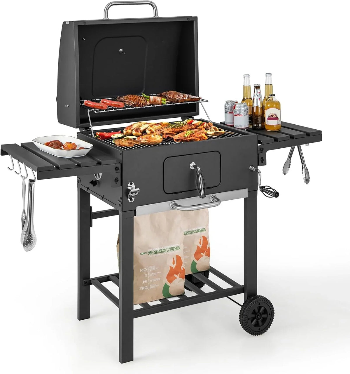 2026 COSTWAY Barbacoa Carbon XXL, Barbacoa Portatil 128 x 54x 117 cm, Tapa, Termómetro, 2 Mesas Laterales Plegables, 8 Ganchos, 2 Ruedas y Abridor de Botellas