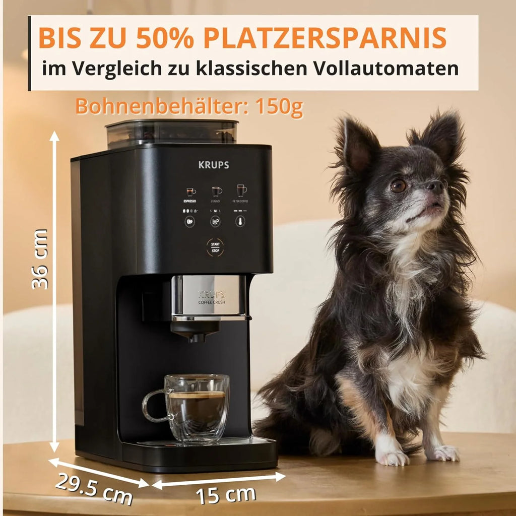 Cafetera automática Krups Coffee Crush Extra 2026, molinillo de acero inoxidable para café recién molido, solo 15 cm de ancho, panel de control inteligente, también para café premolido, fácil limpieza, color negro, SA4028E0