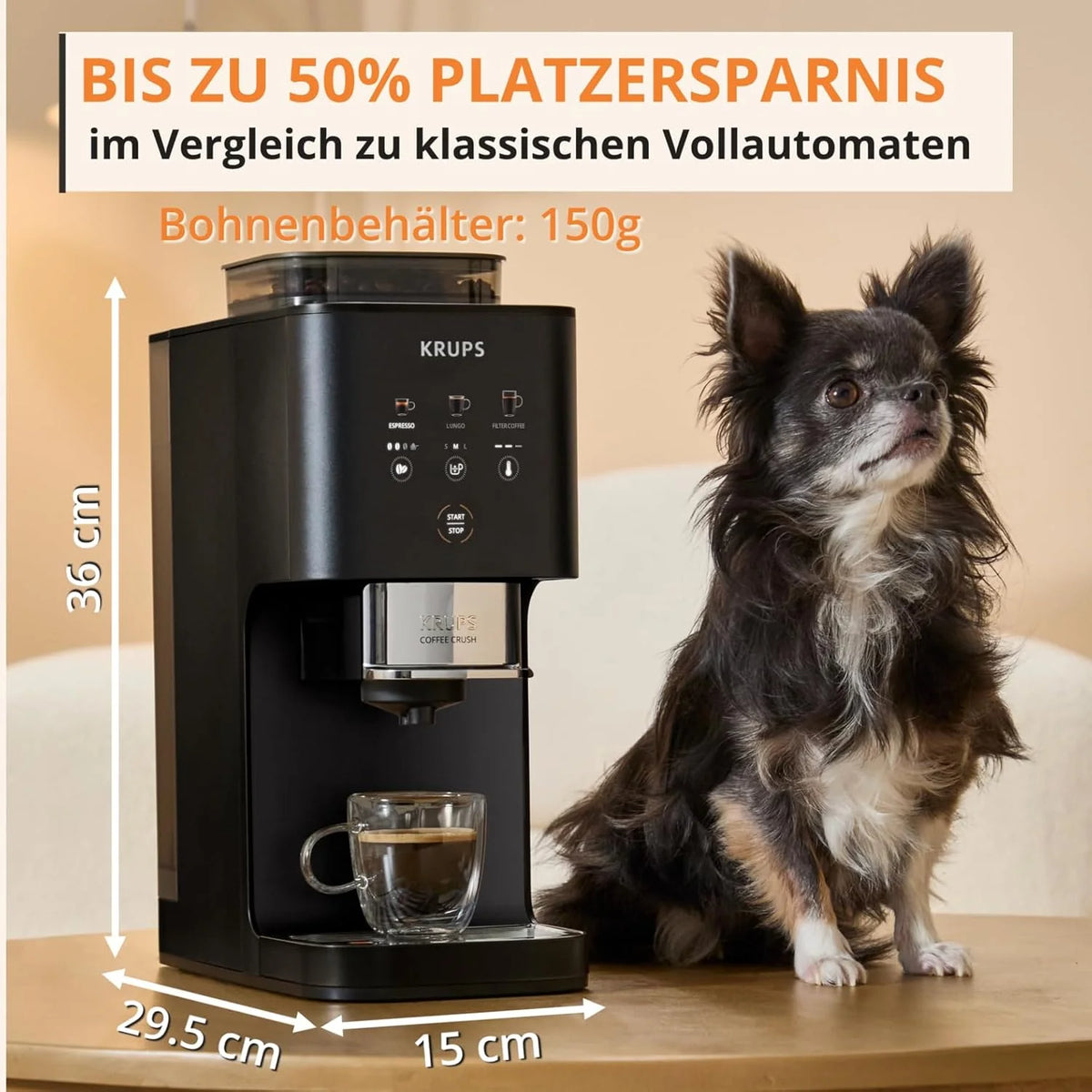Cafetera automática Krups Coffee Crush Extra 2026, molinillo de acero inoxidable para café recién molido, solo 15 cm de ancho, panel de control inteligente, también para café premolido, fácil limpieza, color negro, SA4028E0
