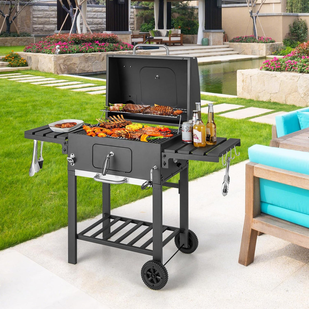 2026 COSTWAY Barbacoa Carbon XXL, Barbacoa Portatil 128 x 54x 117 cm, Tapa, Termómetro, 2 Mesas Laterales Plegables, 8 Ganchos, 2 Ruedas y Abridor de Botellas