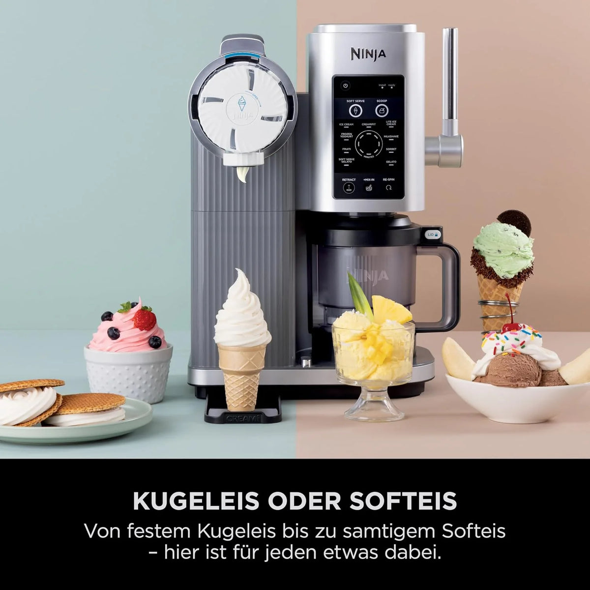 Heladera Ninja CREAMi Scoop & Swirl 2026 con 2 recipientes, 13 funciones para helado, helado suave, gelato, sorbete, batidos y más, con función de mezcla, color plata platino, NC701EU