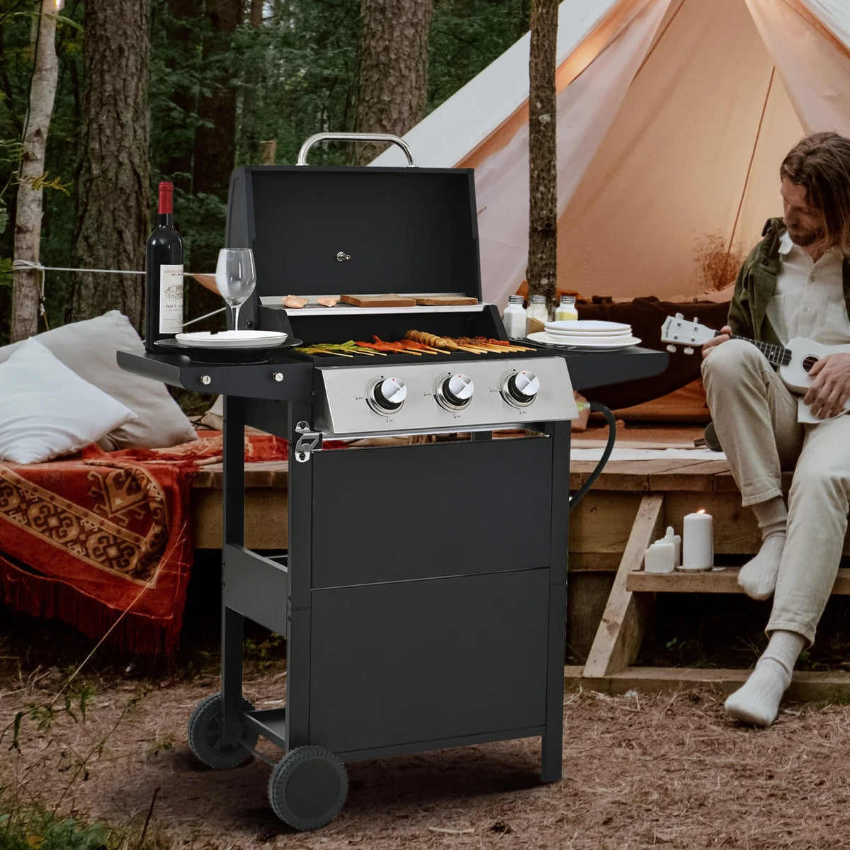 2026 Qiushi 3-Burner Propane Gas Grill, 26,000 BTU Stainless Steel BBQ Grill with 2 Shelves & Thermometer, Outdoor Patio Grill with Electronic Ignition, Wheels & Bottle Opener -M?Durable & Even Heating