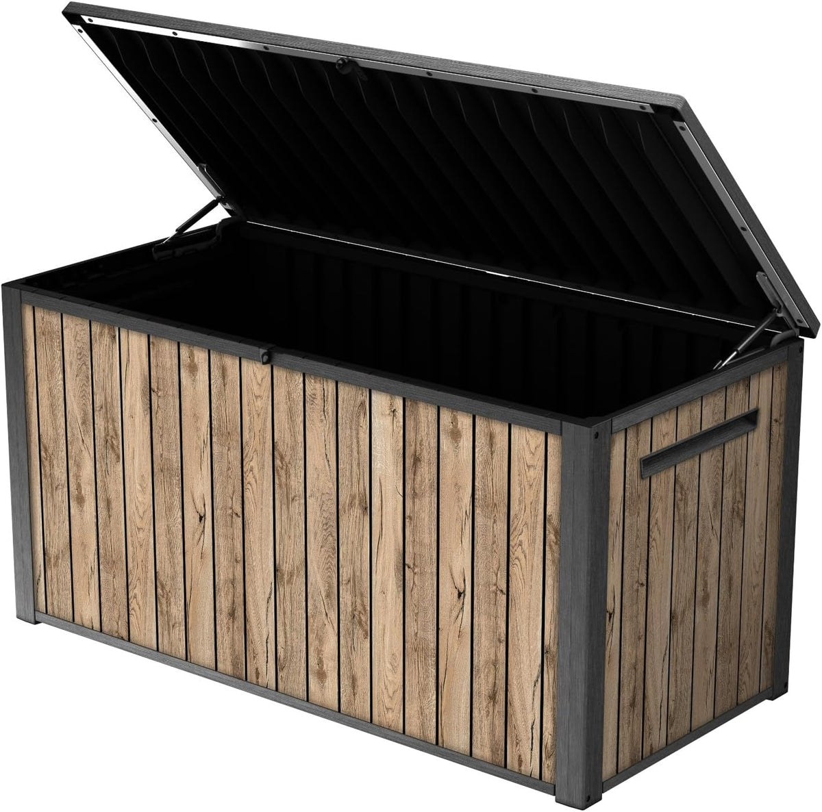 2026 Keter Caja de jardín Sierra 643L, 144 x 67 x 73 cm, plástico con aspecto de madera (pino), tapa con resortes de gas, se puede cerrar