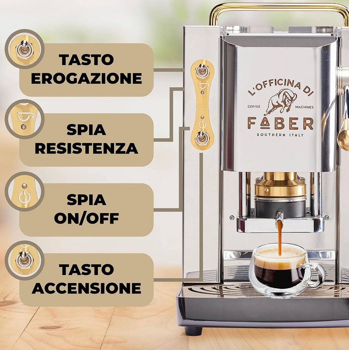 Cafetera Faber PRO Total Deluxe 2026, fabricada en latón, con papel ESE de 44 mm y capacidad de 1,3 litros (blanca).