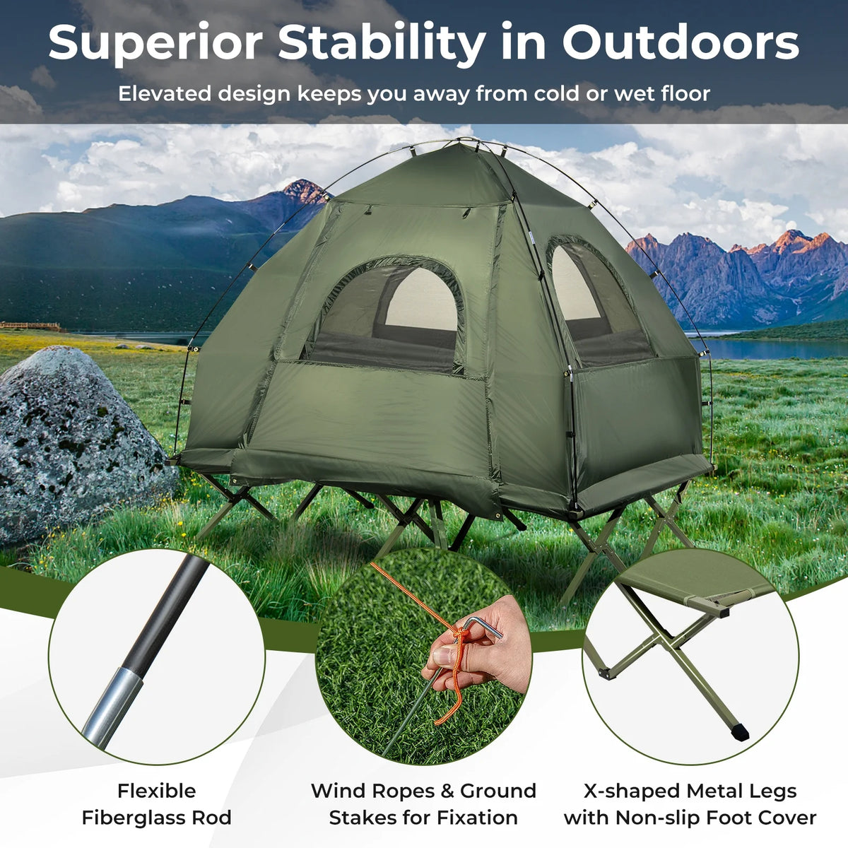 2026 Patiojoy Folding 2-Person Camping Tent Cot Portable Pop-Up Tent with Sleeping Bag&Air Mattress for Outdoor Activity