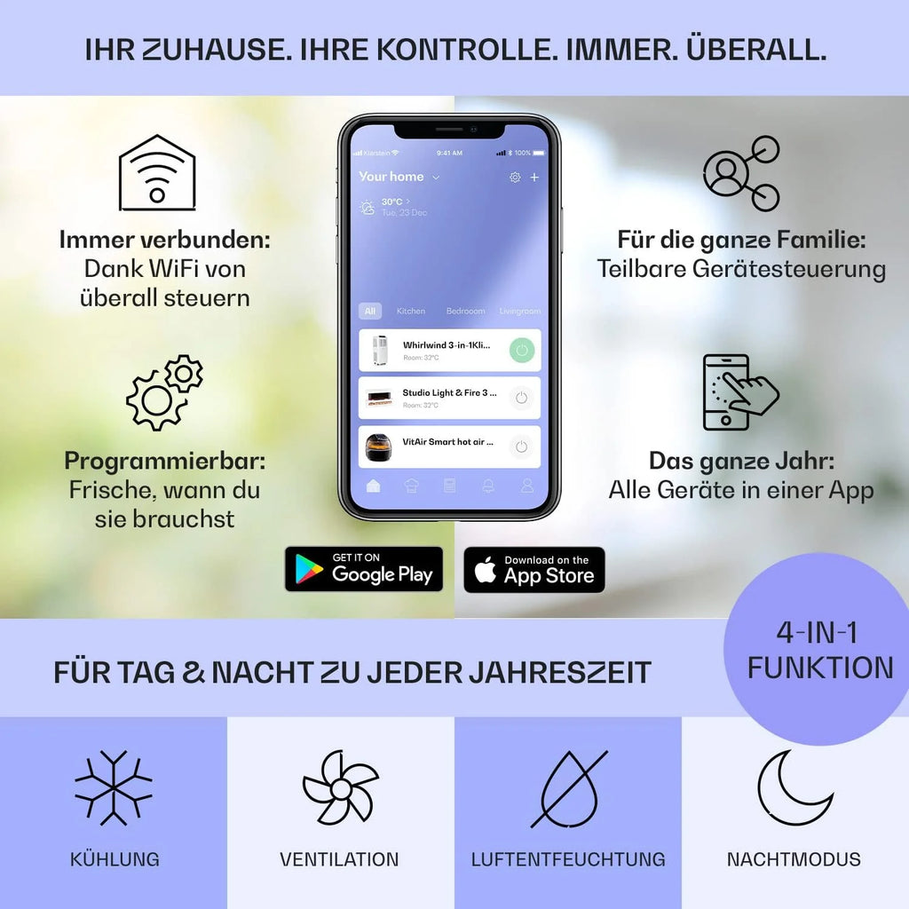 Aire acondicionado móvil Klarstein 2026 con manguera de escape, aire acondicionado 4 en 1 con ventilador, deshumidificador y modo nocturno, aire acondicionado pequeño y portátil para el hogar y la oficina, control por aplicación, 12000 BTU.
