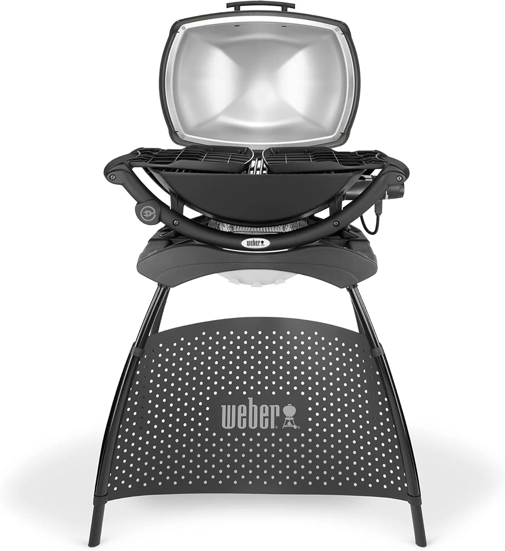 Parrilla eléctrica Weber Q2400 de 2026 con soporte y mesas laterales, superficie de cocción de 54 x 39 cm, portátil, rejilla de cocción de hierro fundido esmaltado en porcelana de 2 piezas, tapa y carcasa de aluminio fundido – Gris oscuro (55020879)