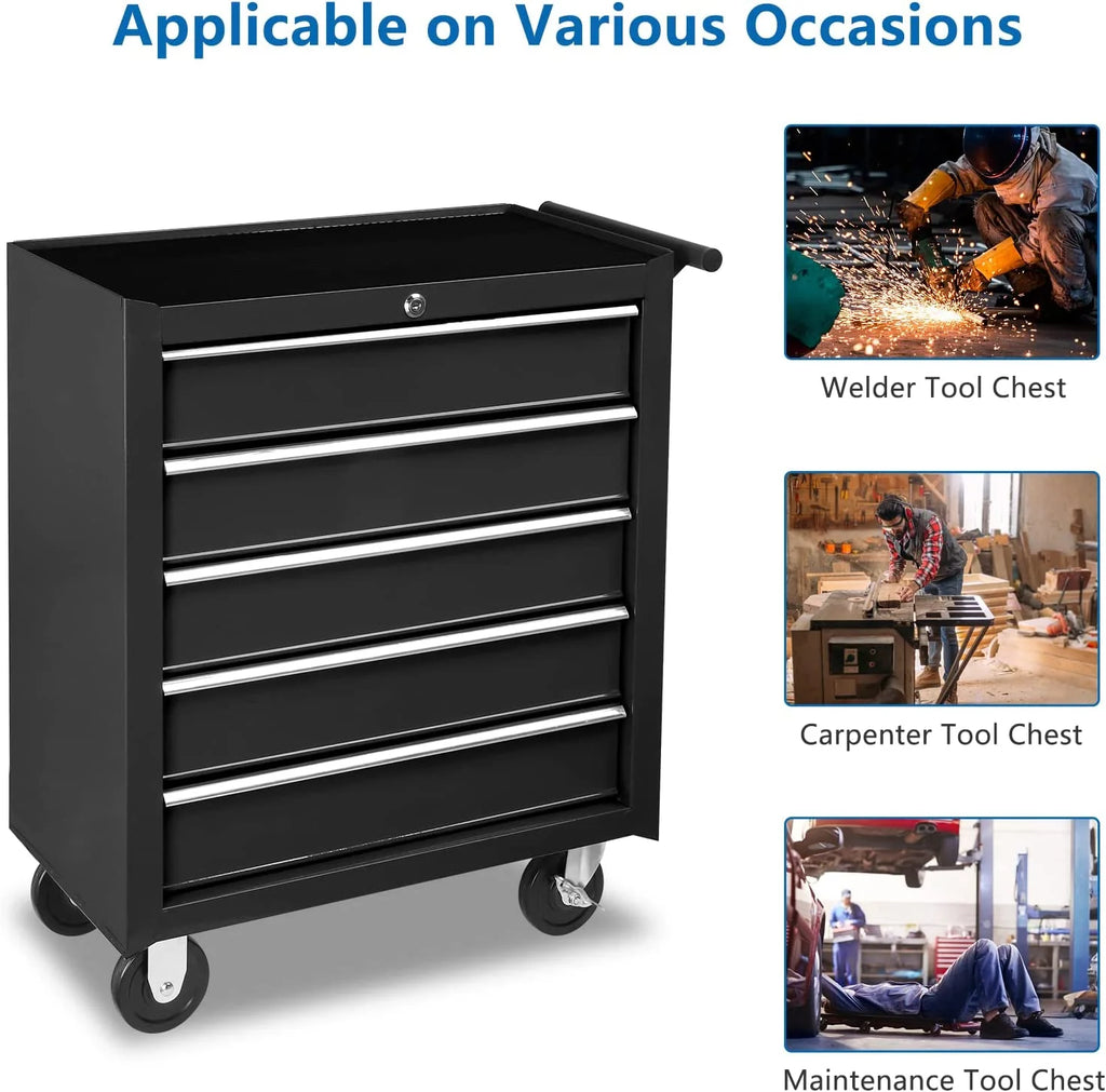 2026 TUFFIOM 5-Drawer Rolling Tool Chest with Lock & Key, Tool Storage Organizer Box Cabinet with Wheels