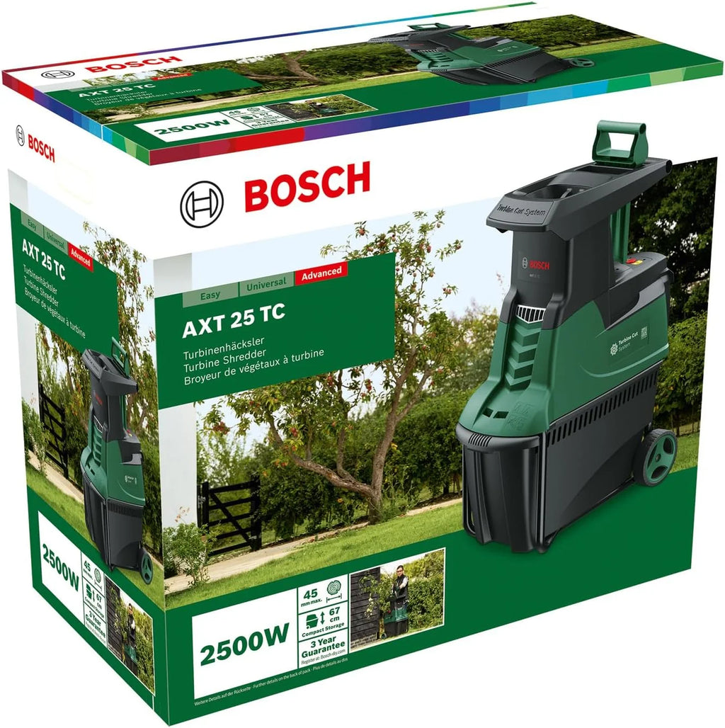 Trituradora de turbina Bosch AXT 25 TC 2026 (2500 W; apta para madera y residuos de jardín duros; incluye guantes de jardinería; caja recolectora integrada de 53 l; en caja de cartón) – Edición