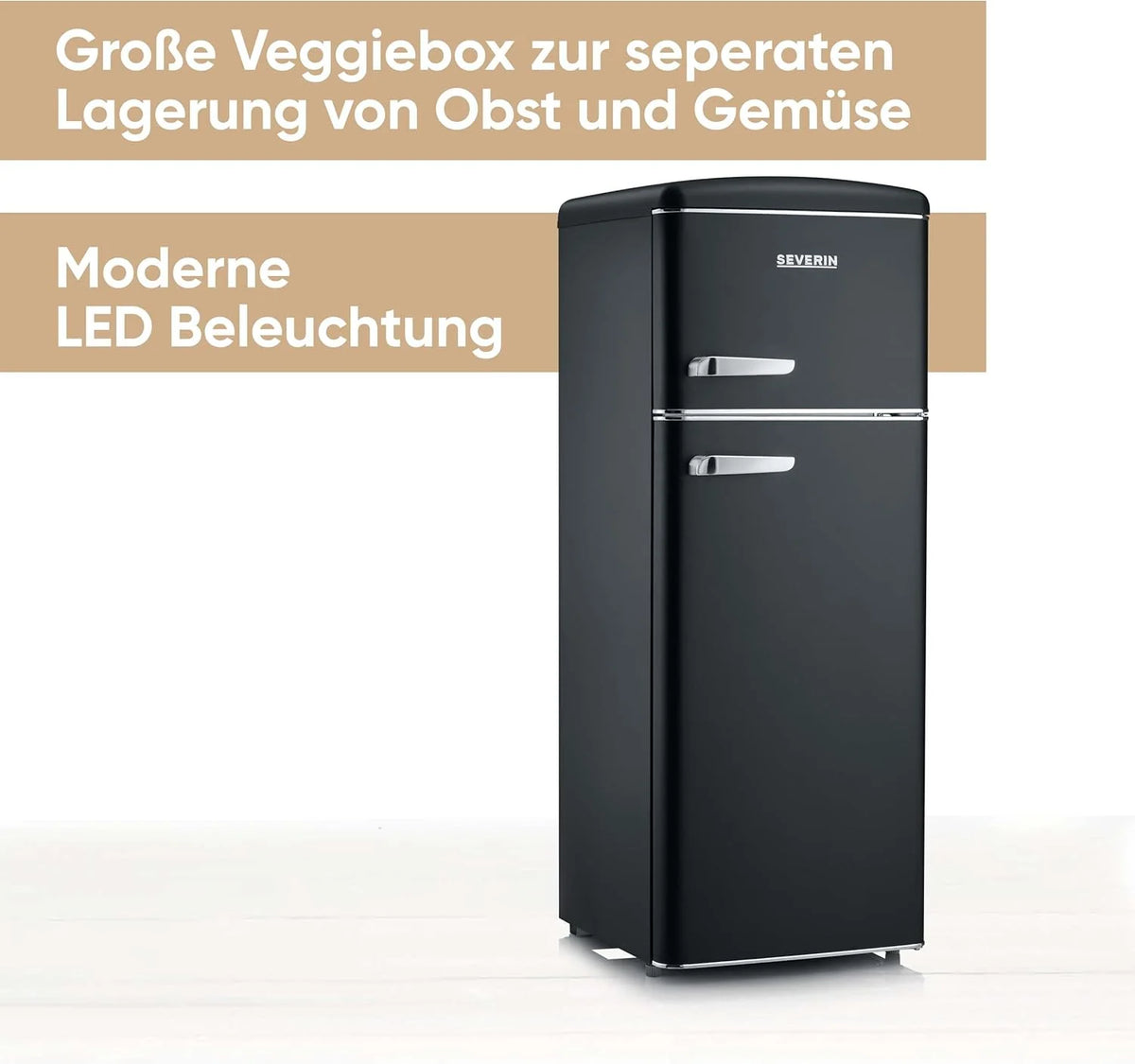 SEVERIN Retro 2026 – Combinación de frigorífico y congelador, una maravilla que ahorra espacio, 4 estantes regulables en altura y un amplio cajón para verduras, capacidad neta de 206 L, color crema, RKG 8933