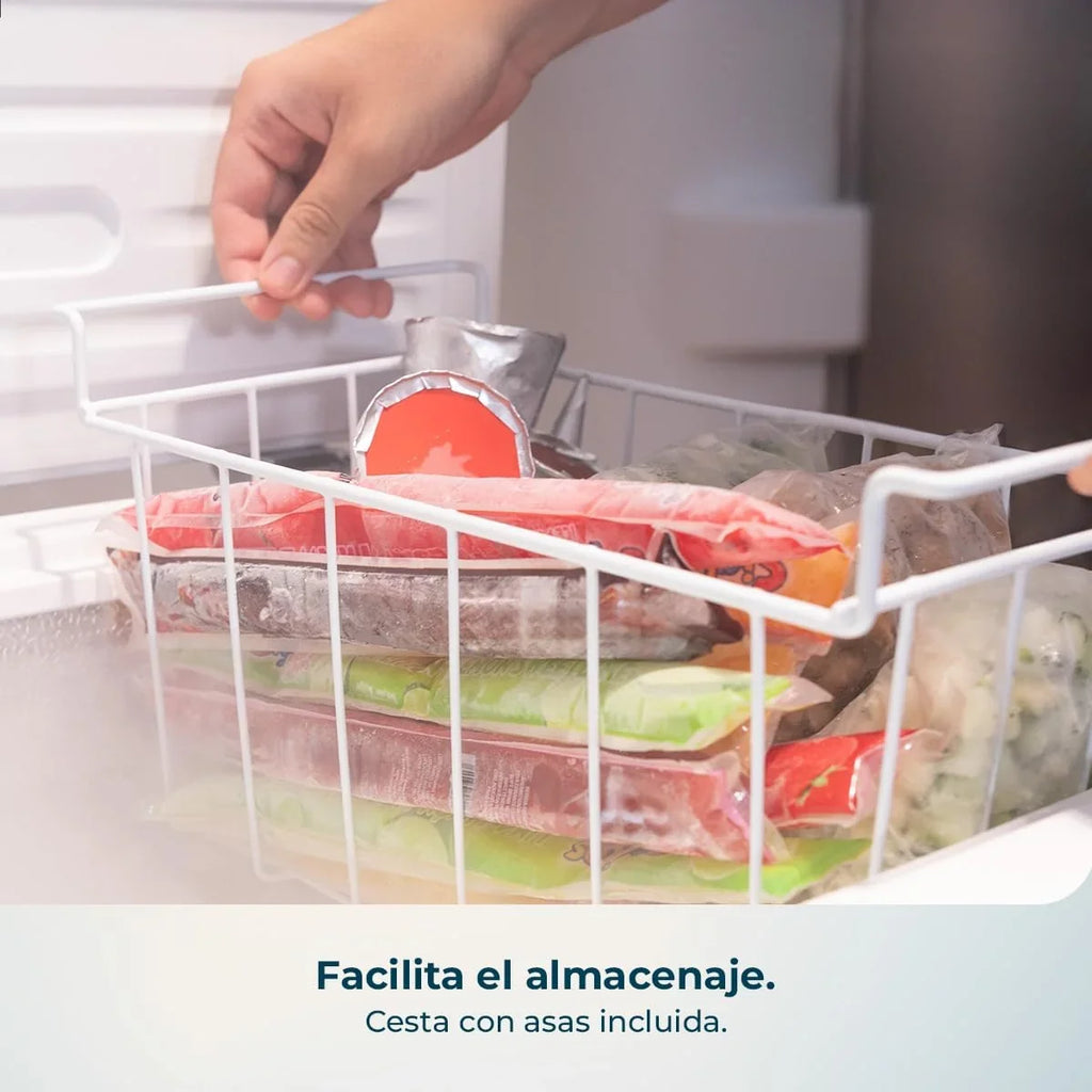 Congelador horizontal Cecotec Bolero CoolMarket 143L blanco, modelo 2026. Cesta con asas, control electrónico LED, UltraContact D – Cool, doble función, puerta ZeroG (80º – 30º), congelación rápida, compacto.